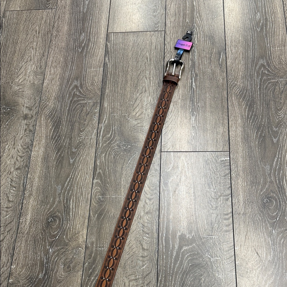 Brown Leather Belt with Stitched Oval Accents